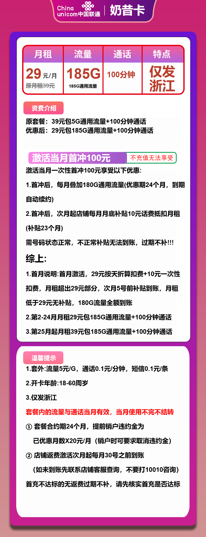 浙江联通奶昔卡详情
