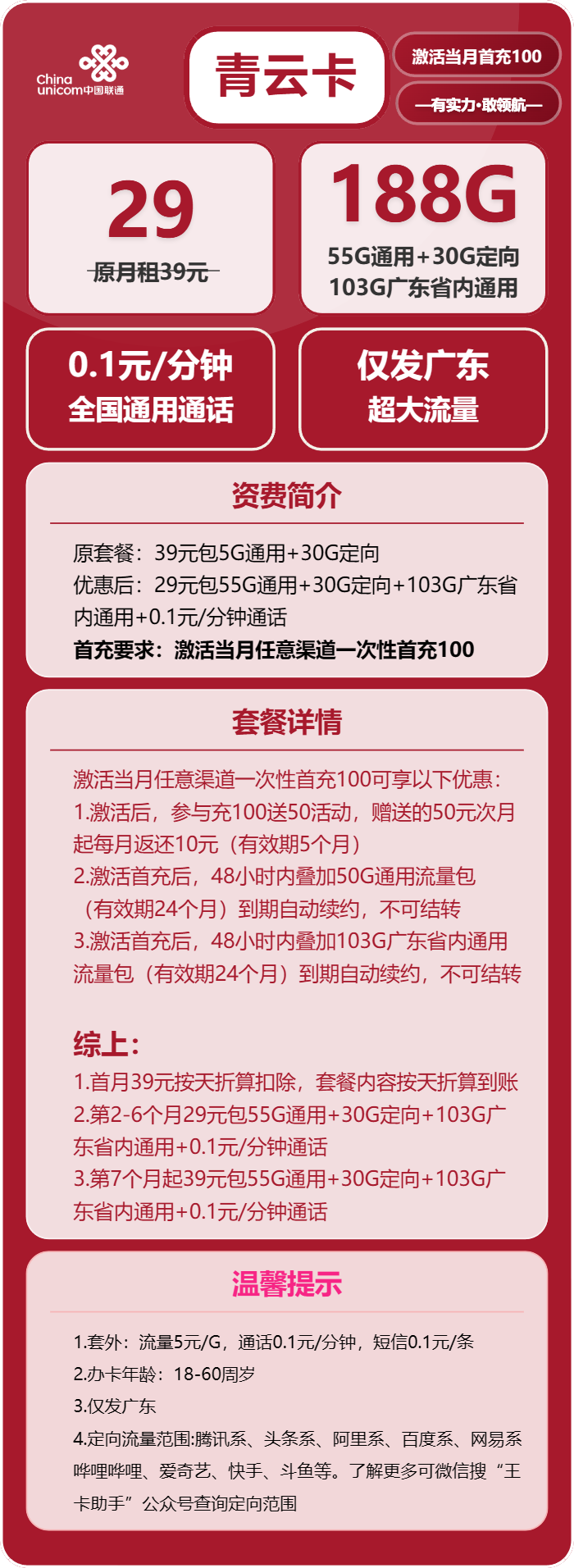 广东联通青云卡详情
