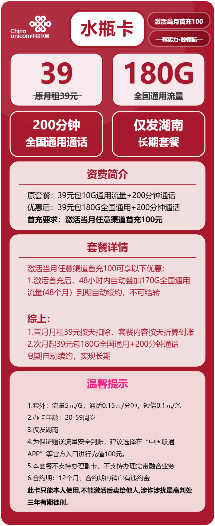 湖南联通水瓶卡详情