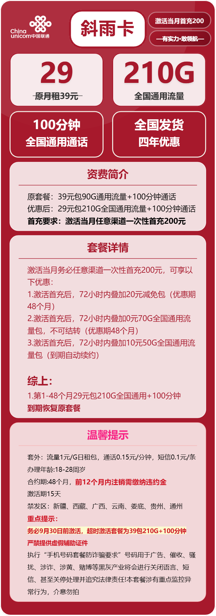联通斜雨卡详情