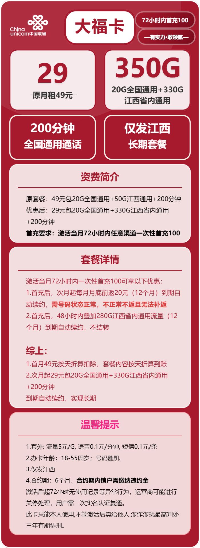 江西联通大福卡详情