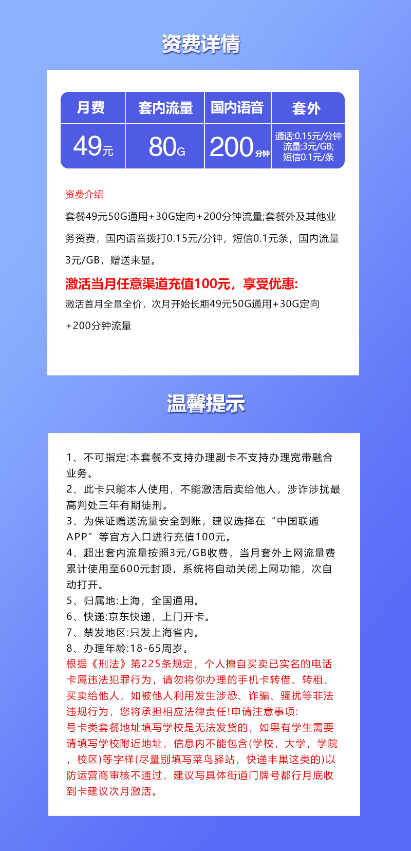 上海联通省内卡详情