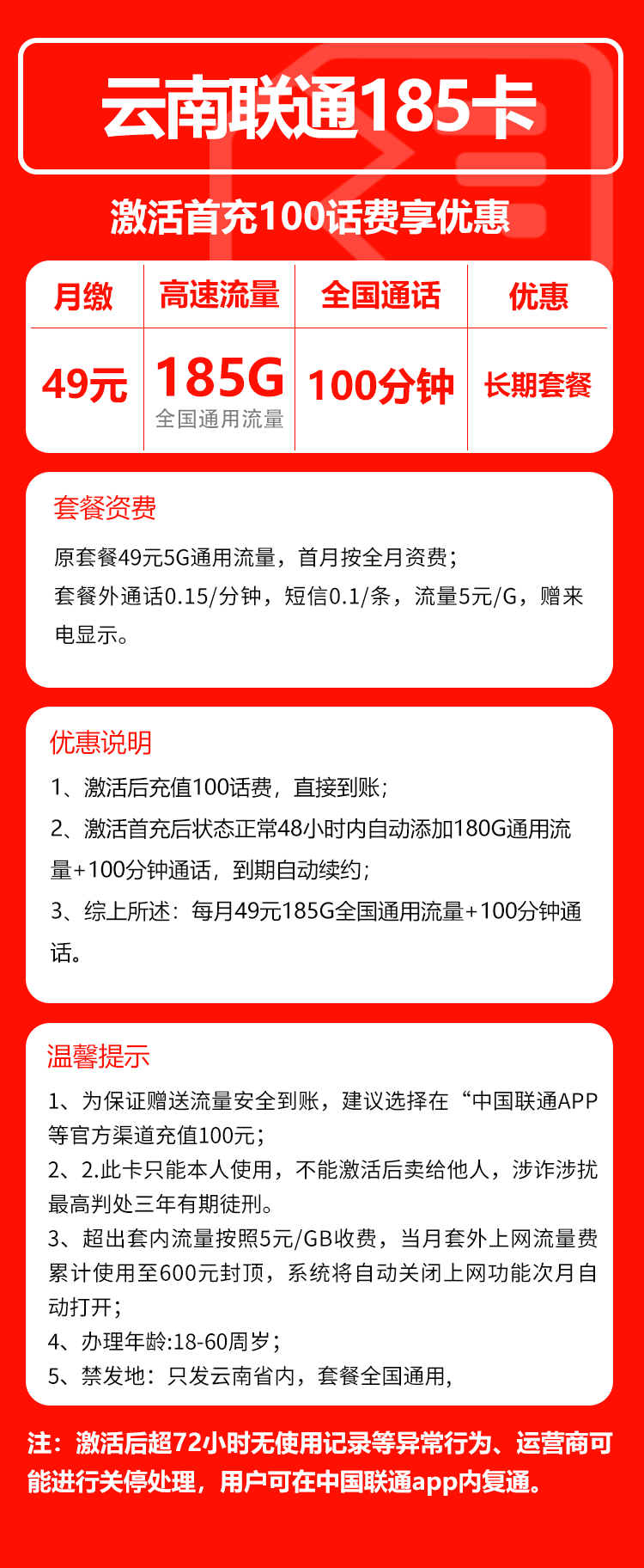 云南联通省内卡详情
