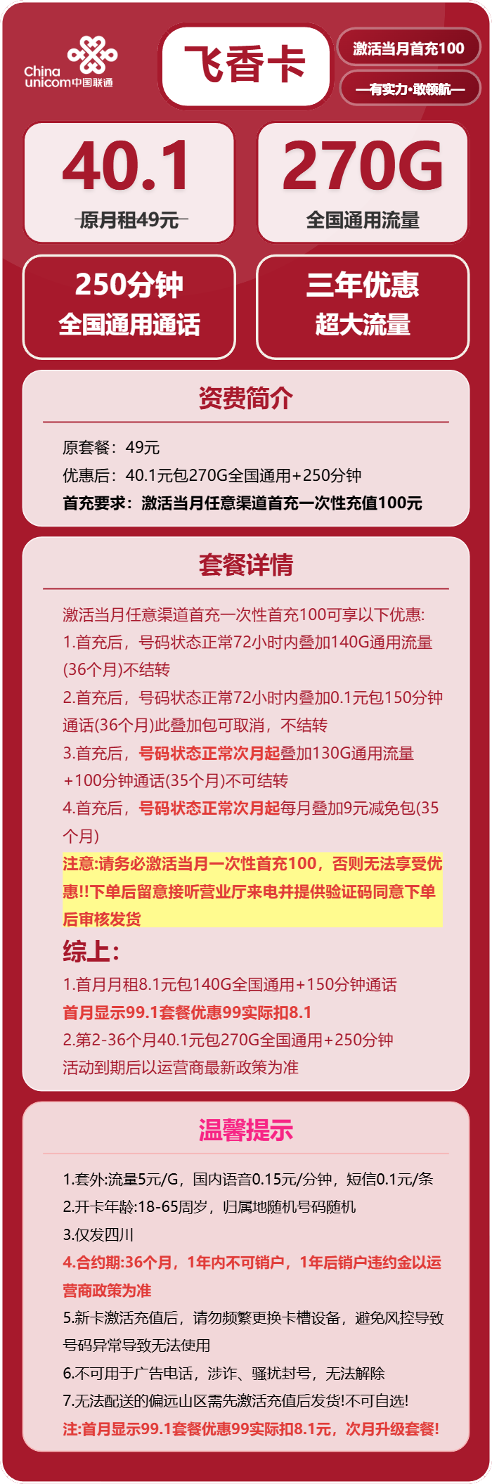 四川联通飞香卡详情