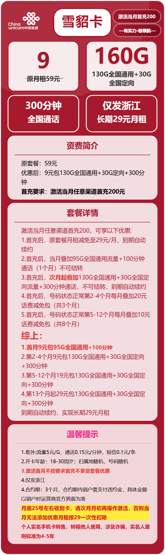 浙江联通雪貂卡详情