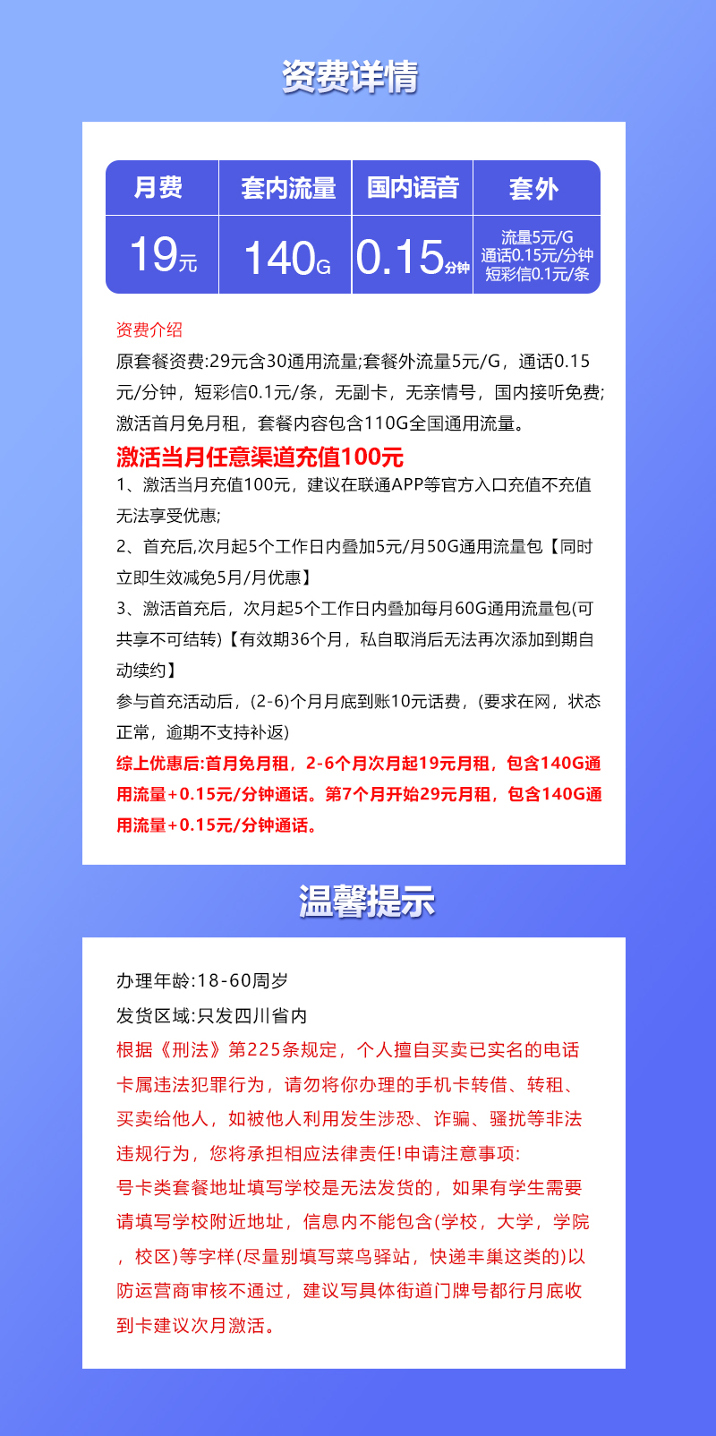 四川联通专享卡详情