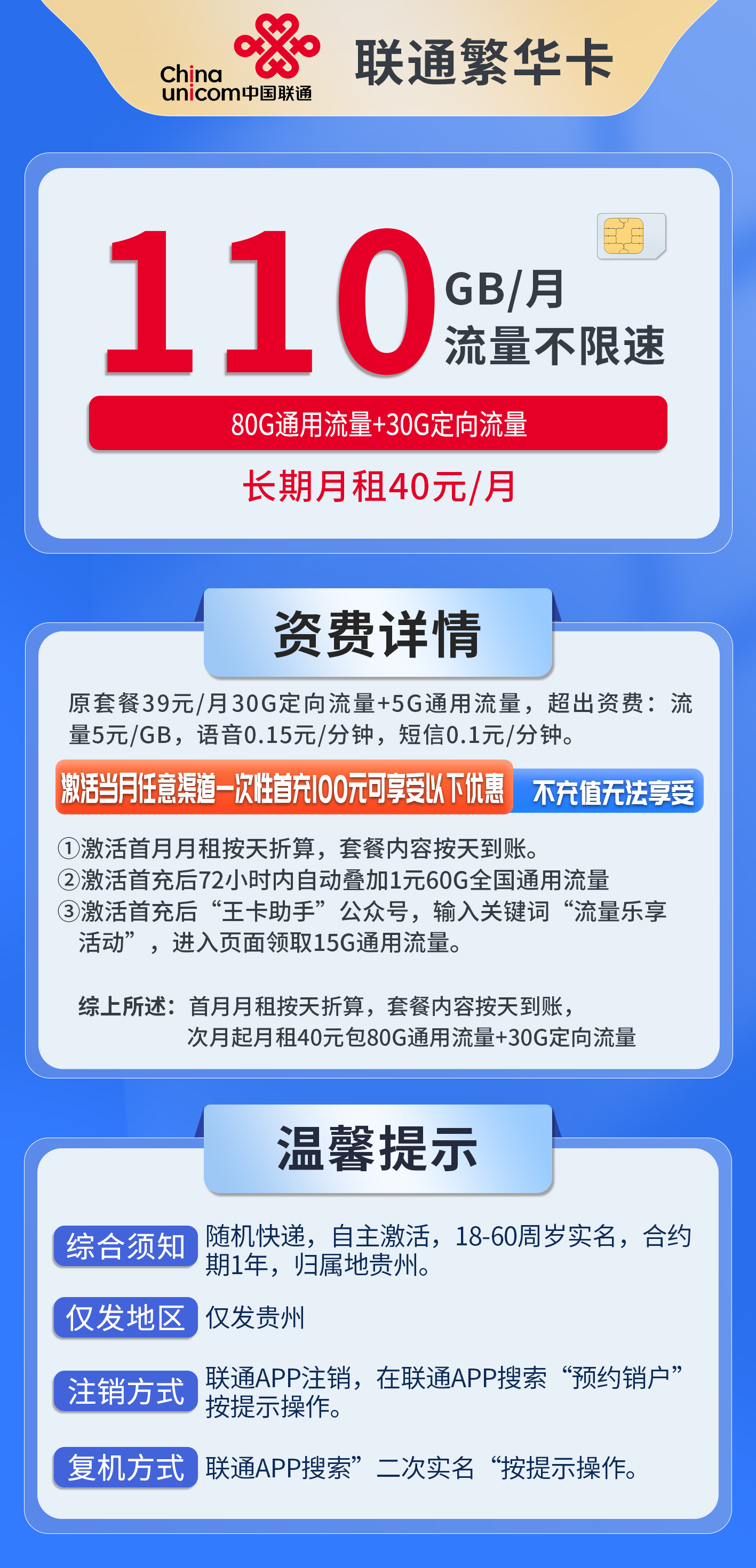 贵州联通繁华卡详情