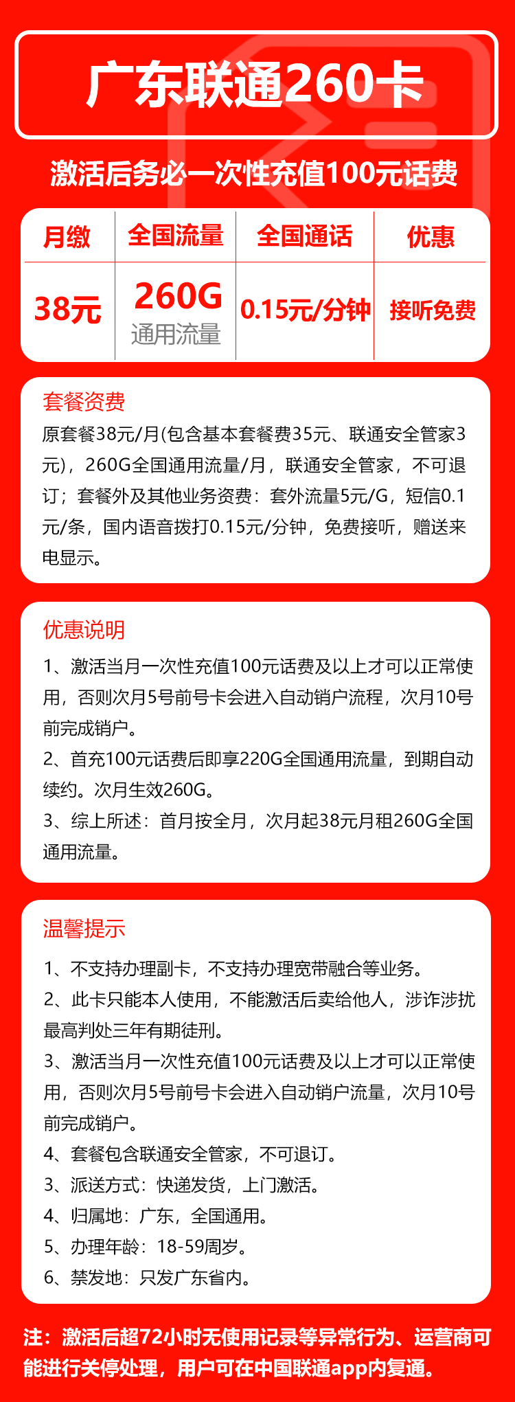 广东联通省内卡详情