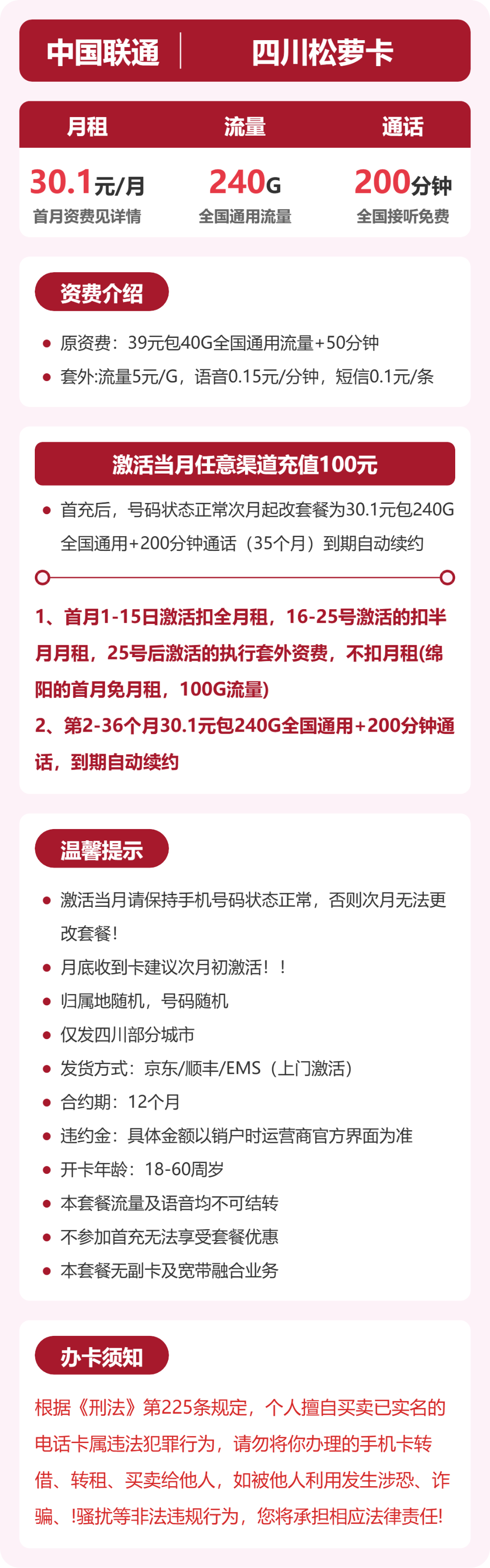 四川联通松萝卡详情