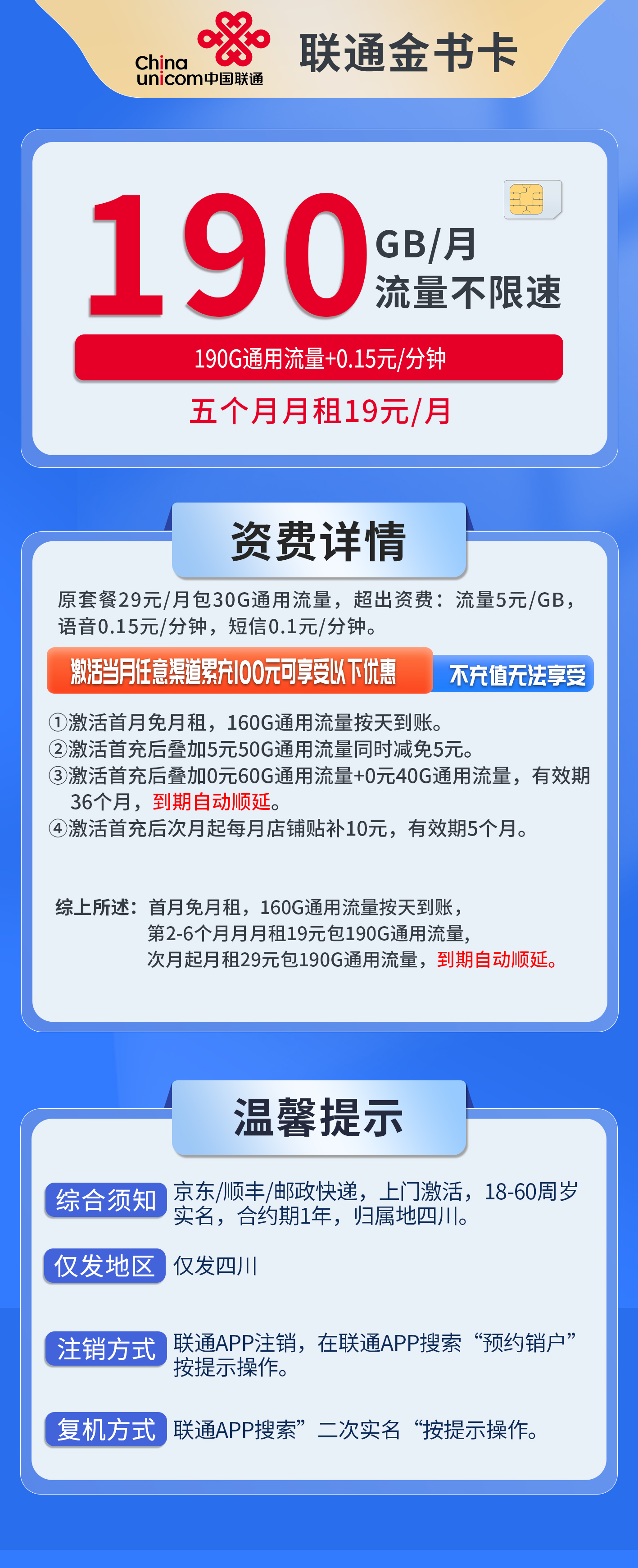 四川联通金书卡详情