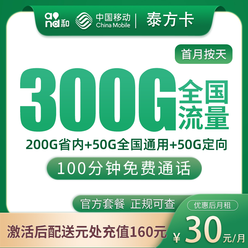 山东移动泰方卡 - 移动泰方卡30元300G+100分钟【只发山东】 - 流量卡免费办理