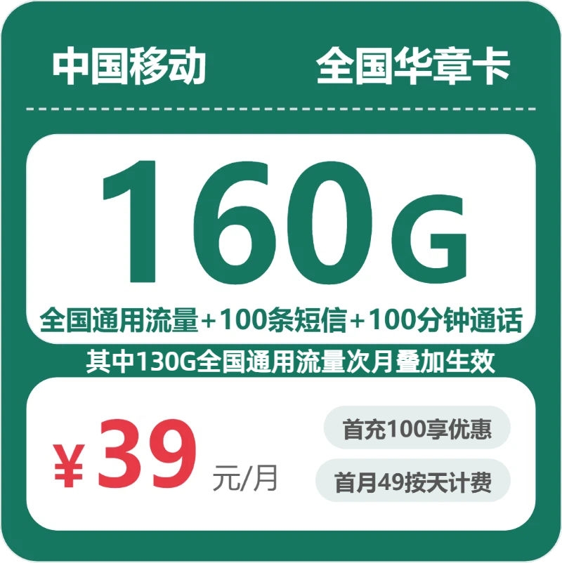 随机移动华章卡 - 全国华章卡39元包160G+100分钟 - 流量卡免费办理