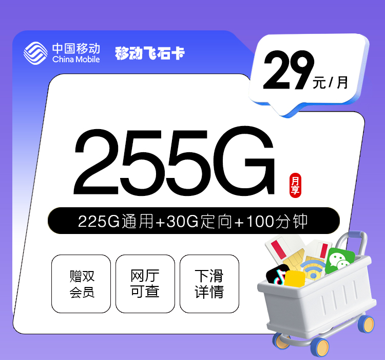 广东移动飞石卡 - 29元255G+100分钟+双会员，仅发广东 - 流量卡免费办理