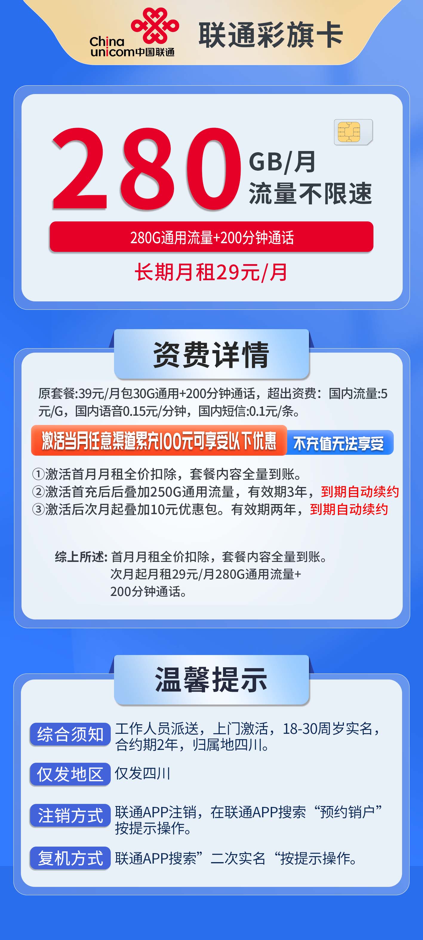 四川联通彩旗卡详情