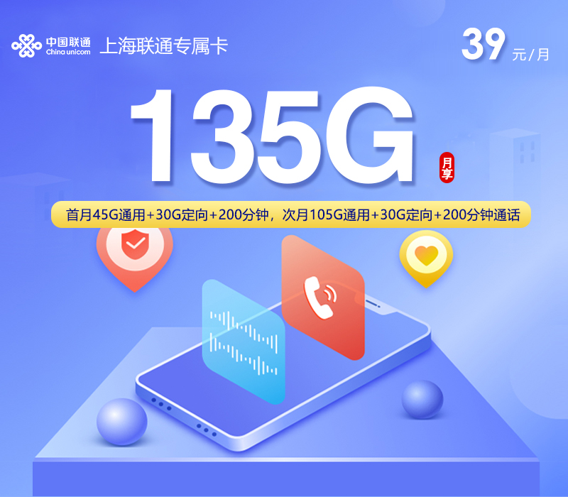 上海联通专属卡 - 仅发上海，当地工作人员上门，次月领取60G形成135G - 流量卡免费办理