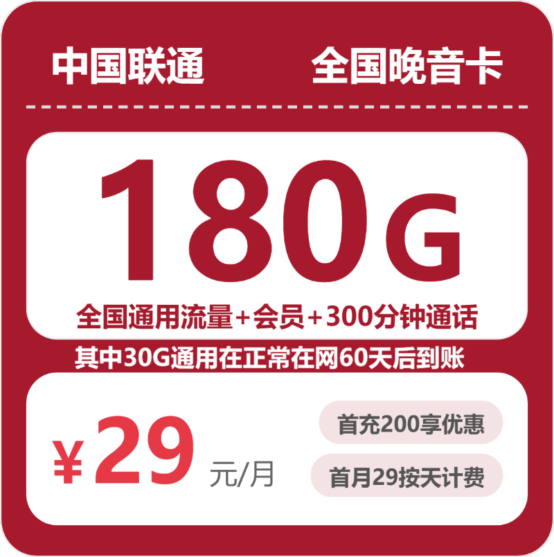 随机联通晚音卡 - 全国晚音卡29元包180G+200分钟 - 流量卡免费办理